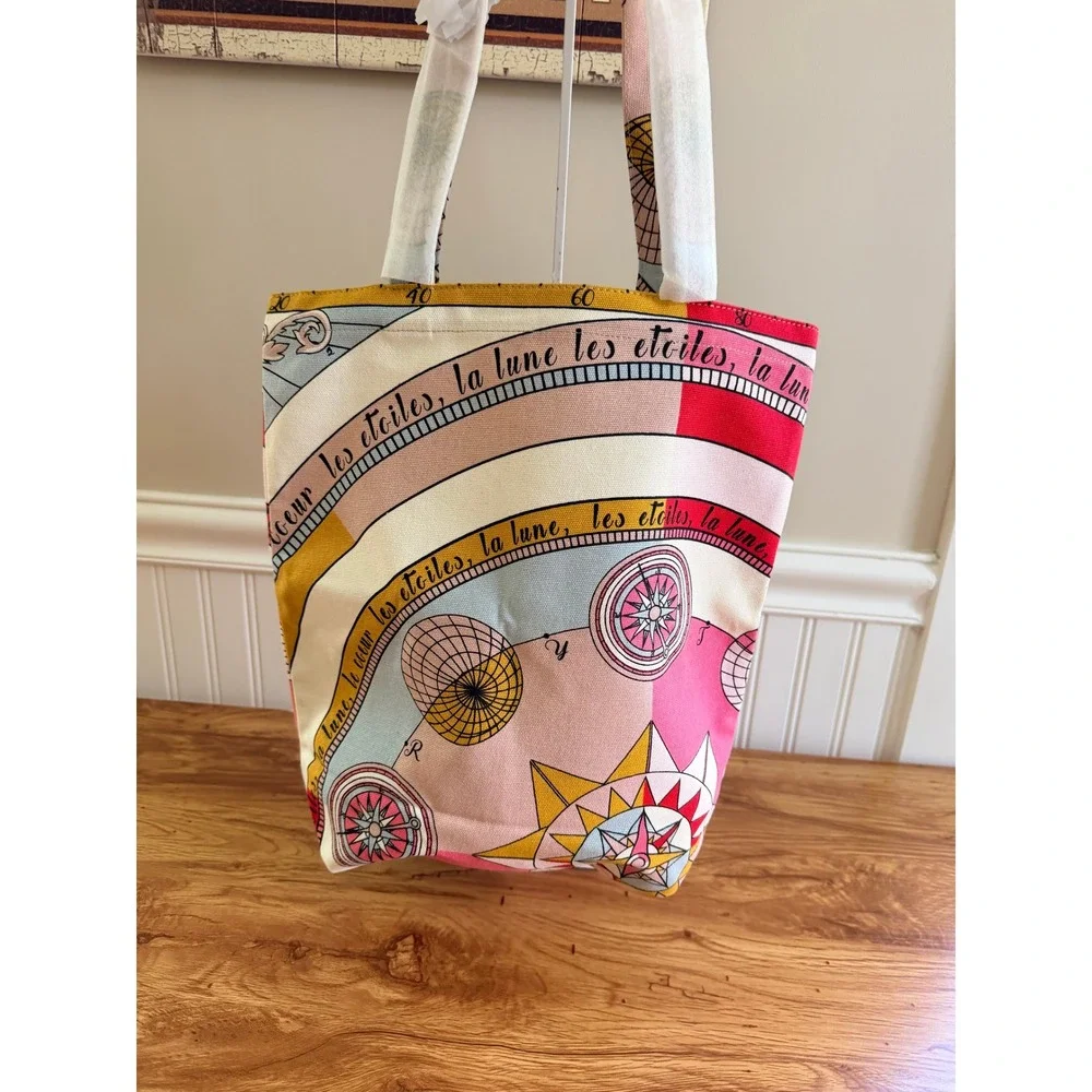 Tory Burch Celestial Canvas Tote Bag Moon Stars Pink Multicolor Large